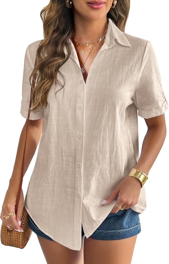 Zeagoo Women Linen Button Down Shirt Rolled Cuffed Short Sleeve Blouse Ladies Summer Casual V Neck Beach Cotton Tops (X-Large, D-light Khaki)