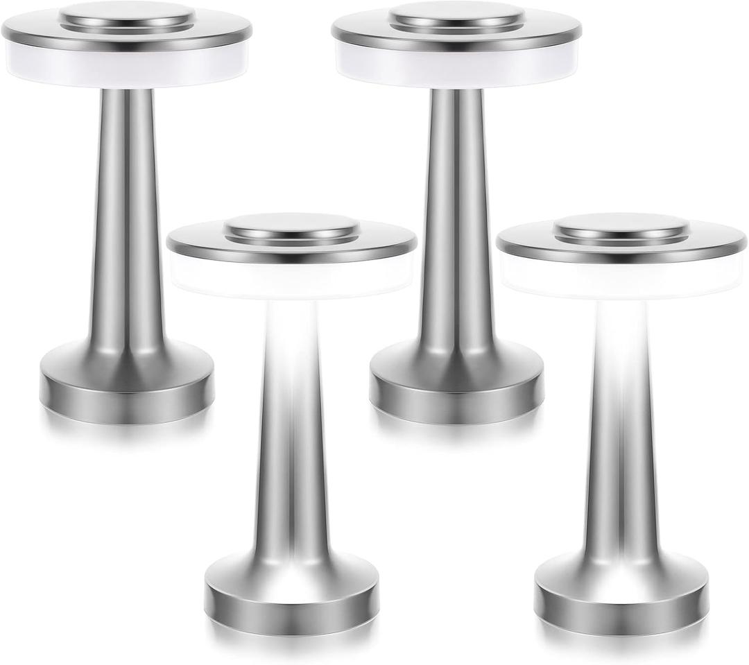 Riakrum Set of 2 LED Portable Cordless Table Lamp with Touch Sensor 3 Color Stepless Dimming Rechargeable Battery up to 15 Hours Cordless Table Light Wireless Lamp for Nursery(Silver,4 Pcs)