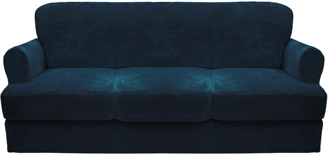 CUCRAF Cushion Sofa Cover 4 Piece Slipcovers, Soft Thick Velvet Couch Cover for Living Room, Washable High Stretch Furniture Protector with 3 Cushion Sofas Slipcover, (XL, Peacock Blue)