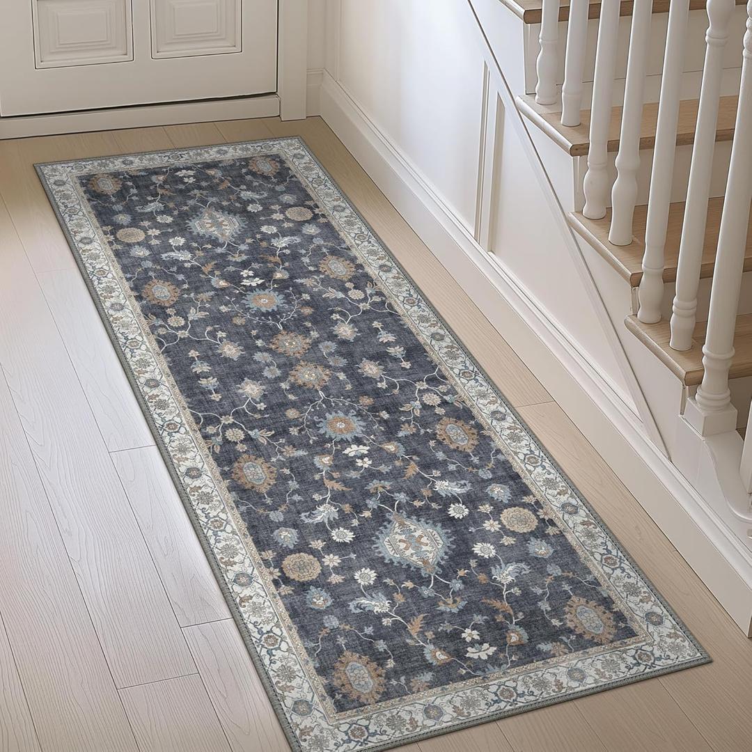 GENIMO Runner Rug for Hallways Machine Washable, 2x10 Non Slip Boho Vintage Lightweight Washable Runners, Thin Floor Rugs for Entryway Hallway Bathroom Laundry Room Corridor, Gray White