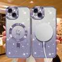 NITITOP Compatible with iPhone 15 Case Cute Clear Glitter [Compatible for MagSafe] Plating Heart Sparkle Bling Magnetic Girl Women Electroplated Frame Camera Protection Back Cover - Purple