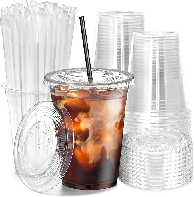 Plastic Cups, Lids, Straws, 16oz,70 pcs