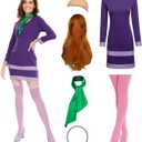 Daphne Costume Adult Women Halloween Costume Dresses Long Sleeve Bodycon Purple Dress with Green Scarf and Headband (Medium)