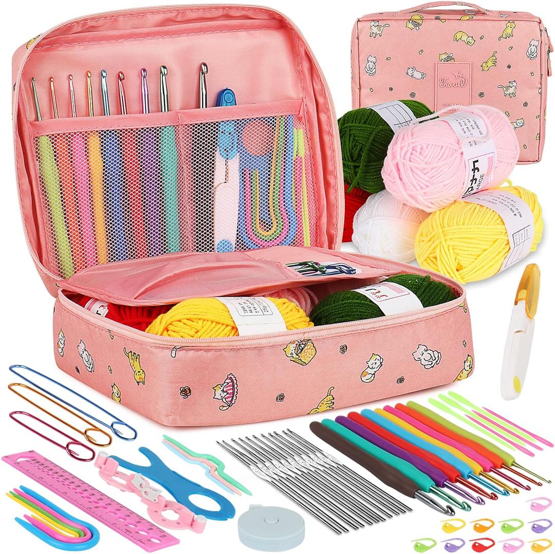 Aeelike Crochet Kit for Beginners Adults, Crochet Kits Include Yarn, 59pcs Crochet Starter Kit for Beginners,Ergonomic Crochet Hooks 2.0-6.0 mm, Lace Steel Needles 0.6-1.9 mm (pink cat)