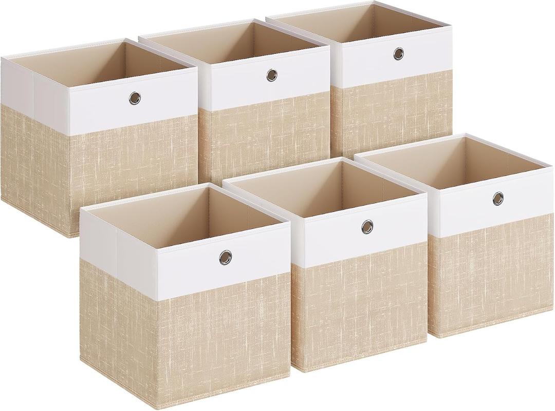 SONGMICS Storage Cubes, Set of 6 Foldable Fabric Storage Boxes, Cube Organizer Boxes with Handles, for Closet Shelves, Odorless, 13 x 13 x 13 Inches, Cloud White and Sand Beige URFB433LF02