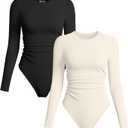OQQ Womens 2 Piece Bodysuits Crew Neck Long Sleeve Ruched Stretch Fitted Bodysuits (Medium, Black,beige)