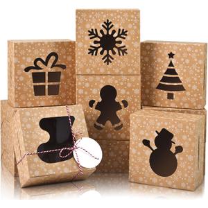 COTOPHER 30Pcs Christmas Cookie Boxes with Window, 6x6x3 inch Brown Bakery Boxes for Gift Giving, Snow Pattern Treat Boxes Holiday Pastries Boxes for Cakes Muffins Donuts Chocolate Strawberries