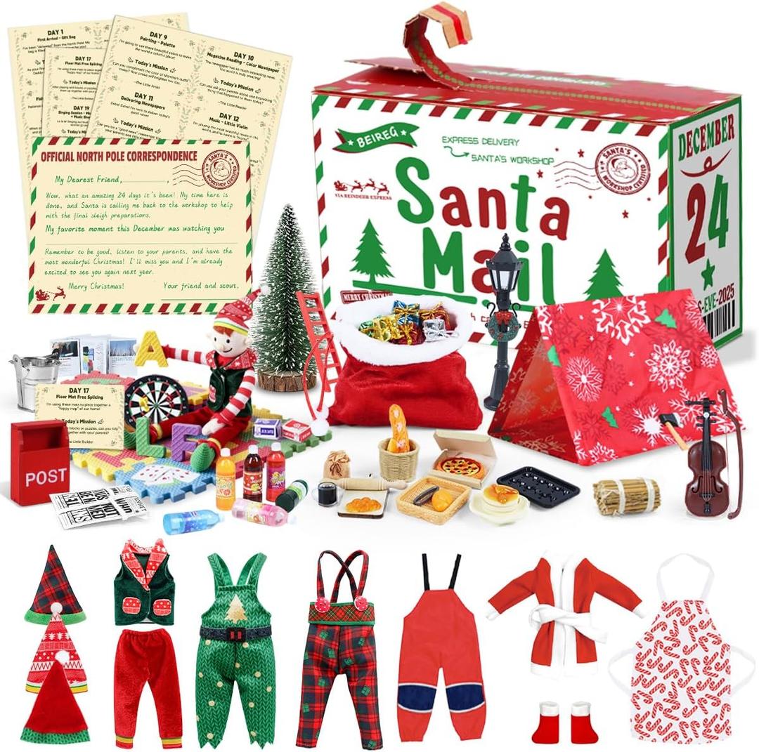 BEIREG Christmas Elf Adventure Playsets Box, 2025 Elf Kit 24-Day Fun Challenges with Daily Tasks, Clothes Props Accessories for DIY Scenes, Creative Idea for Kids Christmas Decorations