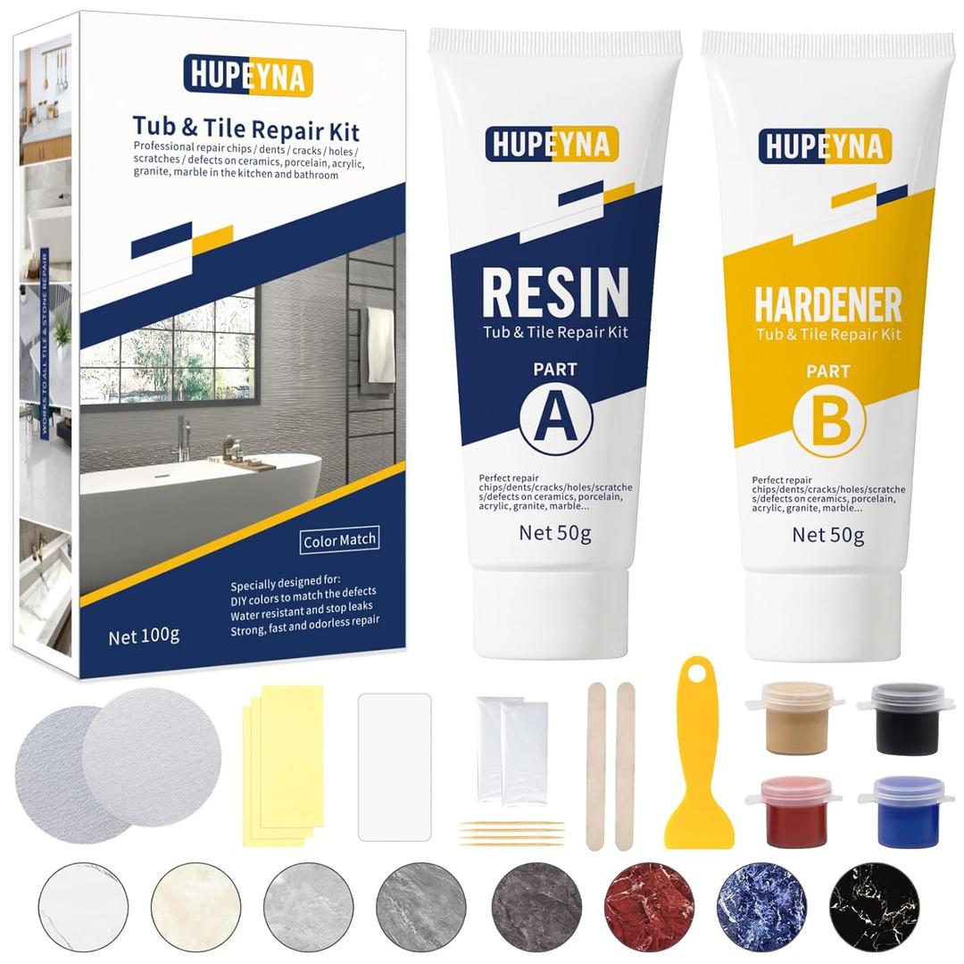 Tub, Tile and Shower Repair Kit (Color Match), Hupeyna Porcelain Repair Kit, Bathtub Repair Kit for Chips Dents Cracks Holes Scratchs, etc. Fiberglass Repair Set - Offer More Color Options