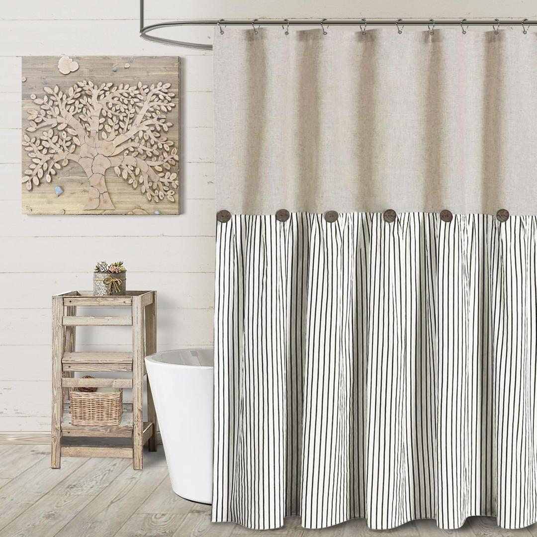 Awellife Farmhouse Black Shower Curtain Button Linen Textured Woven Fabric,Pleated Black Stripe,Country Style,72x72 Inch