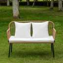 Homsido Garden Outdoor Patio Love Seat,Boho Rattan Chair Sofa Wicker Couch All Weather Couple Seat,Beige Rattan White Cushion Balcony Chair Valentine's Day Gift Birthday Gift for Family