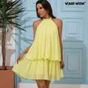 Halter Dress for Women Chiffon Drop Waist Wedding Guest Dresses Flowy Ruffle Mini Dress Brunch Going Out Dresses Cute Dresss (Yellow, S)