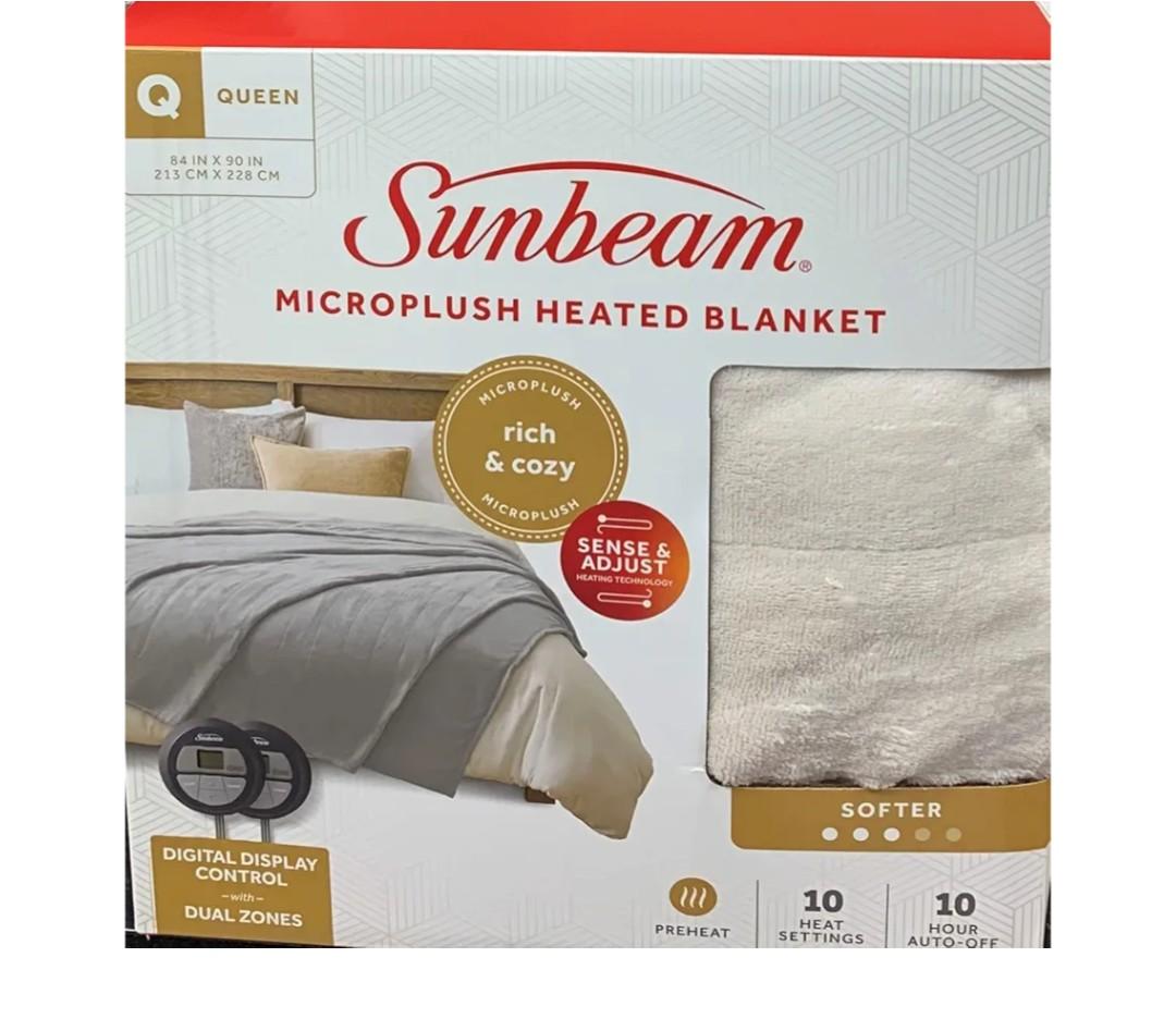 Sunbeam Microplush Queen Electric Heated Blanket with Preheat Feature Two Digital Controller 10-Heat Settings Auto Shut-Off, UL Certified for Safety, Ivory Beige