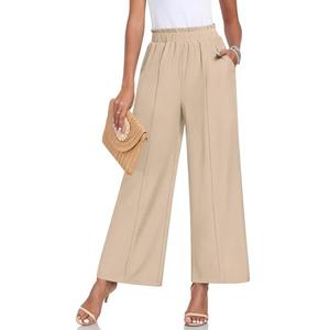Anyally Womens Loose Wide Leg Pants Business Casual Elastic Waisted Palazzo Harem Pants with Pockets Work Trousers, XL Khaki