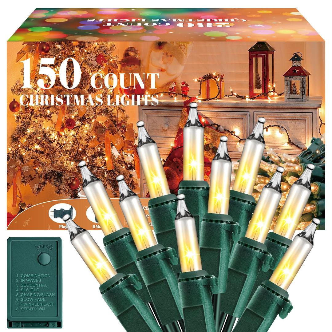 Meonum Chasing Christmas Lights, 8 Function Controller Clear Mini Bulbs Green Wire Indoor String Lights, 71 Feet Long Holiday Decor, for Christmas Tree(Multicolor,150 Bulbs)