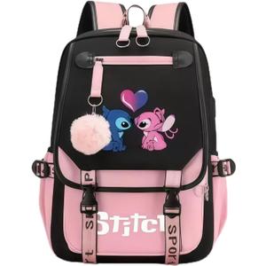 Stitch School Backpack Cute Daypack Rainbow Bookbag Pink Schoolbag Kid Backpack For Gifts (Stitch-2), Medium