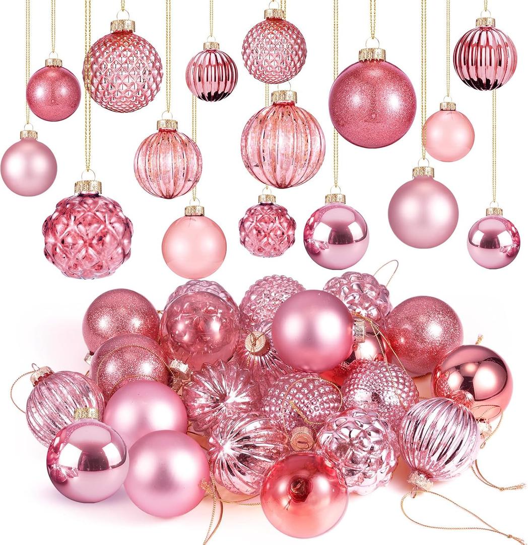 Liliful 24 Pcs Valentine's Day Pink Glass Ball Ornaments Tree Decoration Balls Neutral Vintage Mercury Ornaments for Xmas Festival Home Wedding Holiday Farmhouse Party Decor, 2.36 Inch