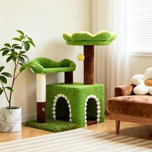 Sunflower Short Cat Scratch Tree with Cat Condo, Small Cat Tower with Cat Scratching Post, 3-in-1 Multi-Level Cute Kitten Tower for Small Cats and Kittens