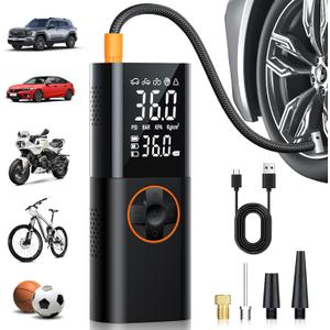 Tire Inflator Portable Air Compressor - 150PSI Fast Cordless Air Pump for Car Tires, Rechargeable Bike Tire Pump with Digital Pressure Gauge, LED Light for Cars, Bicycles, Balls and More (Orange)
