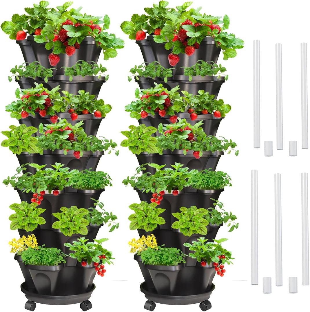 Strawberry Vertical Planter 2 Pack, 7 Tiered Stacking Garden Tower, Stackable Herb Vegetable Planters with Support Pole Indoor Outdoor Black