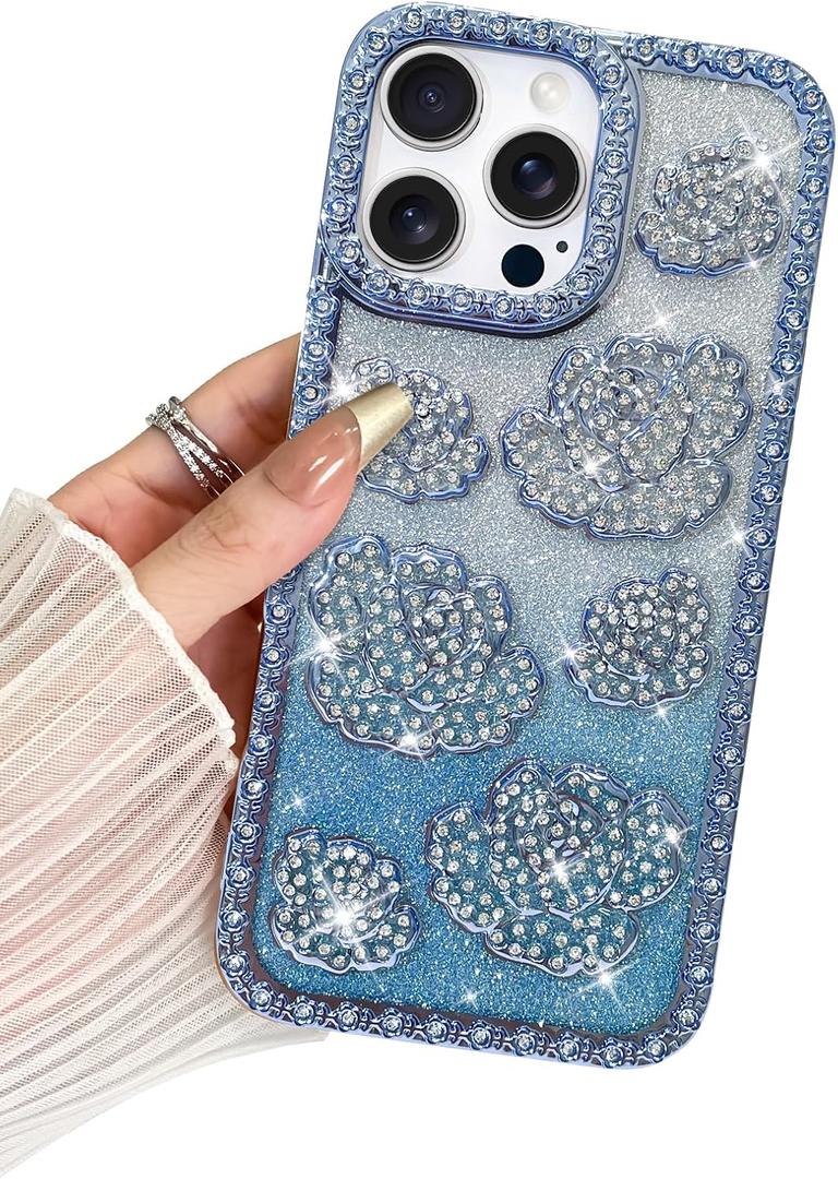 BITOBE Designed for iPhone 16 Pro Max, Cute 3D Rose Flowers Case Slim Plating Glitter Bling Luxury Rhinestones Floral Cover for Women Girls Protective Camera Protection 6.9" Blue