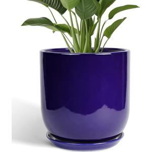 SUNPOTFOR Ceramic Planter - 12 Inch Pots for Plants Ceramic Plant Pot Indoor with Drainage Hole and Saucer Large Planter Flower Pot Outdoor for Home Garden Decor Blue