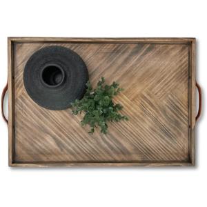Medium Ottoman Wood Serving Tray- with Leather Handle Decorative Wooden 24 * 16 * 1.5 Inches Square Serving Tray Best for Coffee Table, Living Room and Kitchen