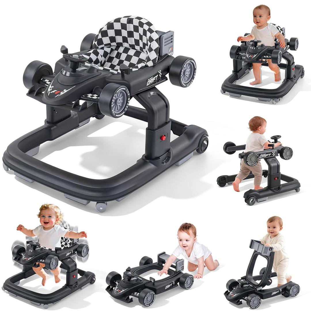Baby Walker, Baby Walker with Wheels, 3 Adjustable Heights Reinforced Frame 4 Modes Push Walker & Jumper, Music Lights Anti-Rollover Speed Height Adjustment Toddler Activity Walker for 6-18 Months Old