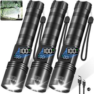 3Pack Rechargeable Flashlights 10000 High Lumens, Super Bright Flashlight with LCD Digital Display, 5Modes Adjustable LED Flashlight Tactical Flashlights High Powered, Flash Lights for Emergency