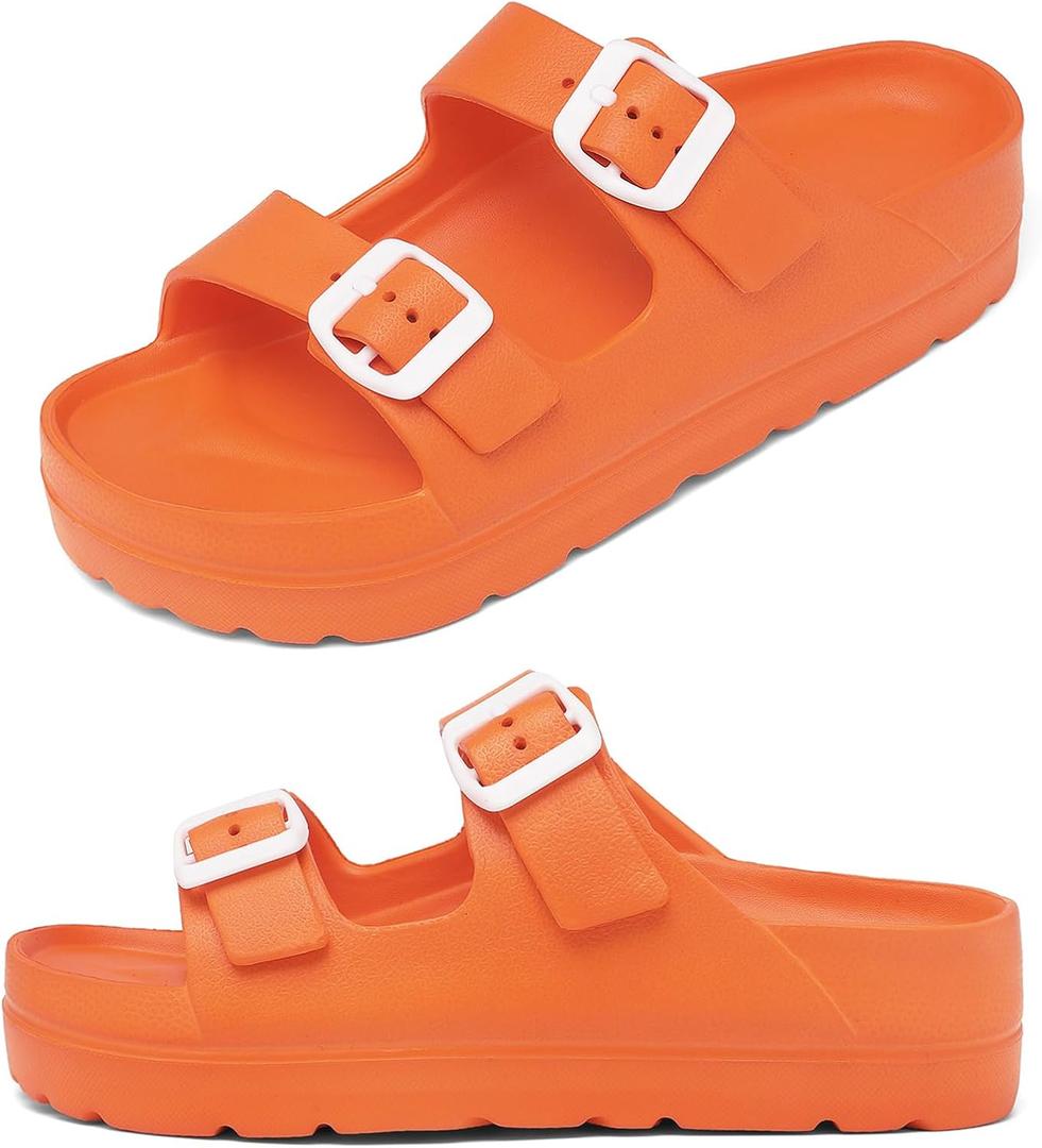 Womens Platform Sandals with Arch Support, Adjustable Buckle Beach Sandal Woman Comfort Lightweight Ultra Cushion EVA Slides (9, Double Buckle-orange)