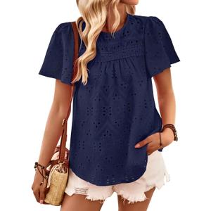 Falechay Womens Summer Tops Boho Short Sleeve Crew Neck Blouses for Women Dressy Casual Babydoll Cute Flowy Preppy Shirts, S