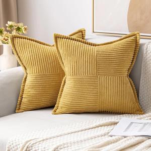 MIULEE Gold Corduroy Pillow Covers 20x20 Inch with Splicing Set of 2 Soft Boho Striped Pillow Covers Broadside Decorative Textured Summer Pillowcases for Couch Cushion Bed Livingroom