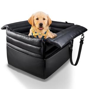 ONLYFLY Dog Car Seats for Medium Dogs : Secure & Cushioned Pet Booster for Travel – 2-in-1 Foldable Dog Bed for Front or Back Seat, Waterproof PU Leather, Up to 45 lbs（Black）