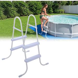 Threlaco Above Ground Pool Ladder Steel Frame Swimming Pool Entry Exit Ladder Non Slip Metal Frame Steps, Weight Capacity 300lbs(White,33 Inch)