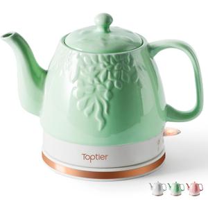Toptier Electric Ceramic Tea Kettle, Boil Water Quickly and Easily, Detachable Swivel Base & Boil Dry Protection, Carefree Auto Shut Off, 1 L, Green Leaf (1 LITER, Light Green)