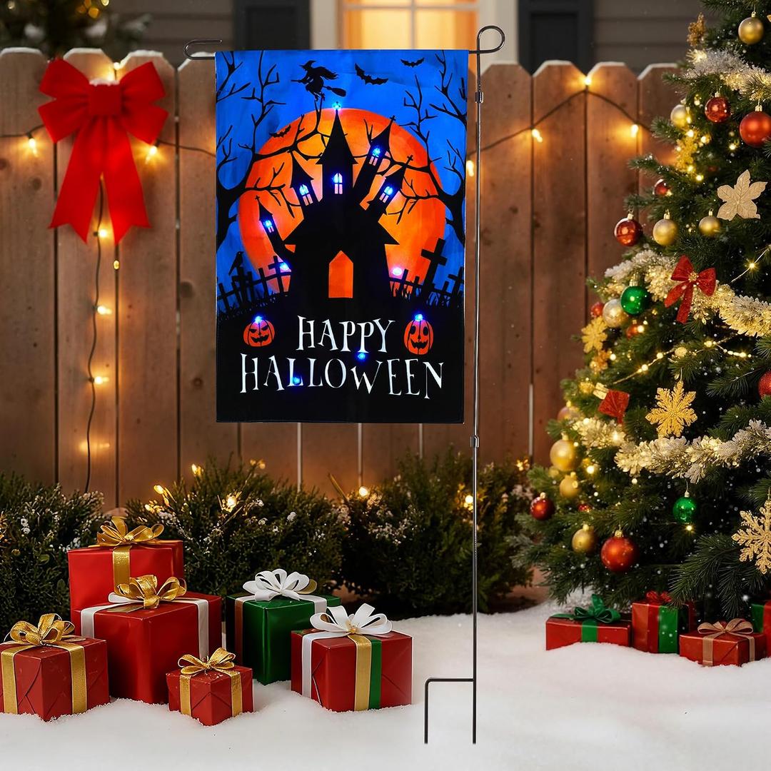 LED Christmas Haunted House Garden Flag Stake, Solar-Powered Double-Sided Outdoor Decor, Scary Yard Flag for Patio Lawn Thanksgiving Party Winter Holiday Decorations & Gifts