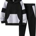 Boys Clothes Long Sleeve Hooded Pullover Colorblock Sweatshirt + Pants 2pcs Fall Winter Outfit Set (7-8 Years, Z:black)