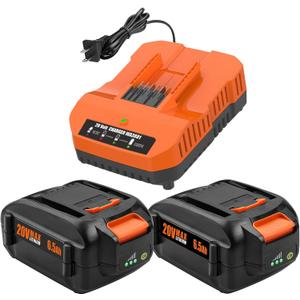 Powilling 2 Pack 6.5Ah Replacement for Worx 20V Battery and Charger Compatible with Worx Battery 20V WA3674 WA3575 WA3525 WA3520 WG151s WG155s WG545s