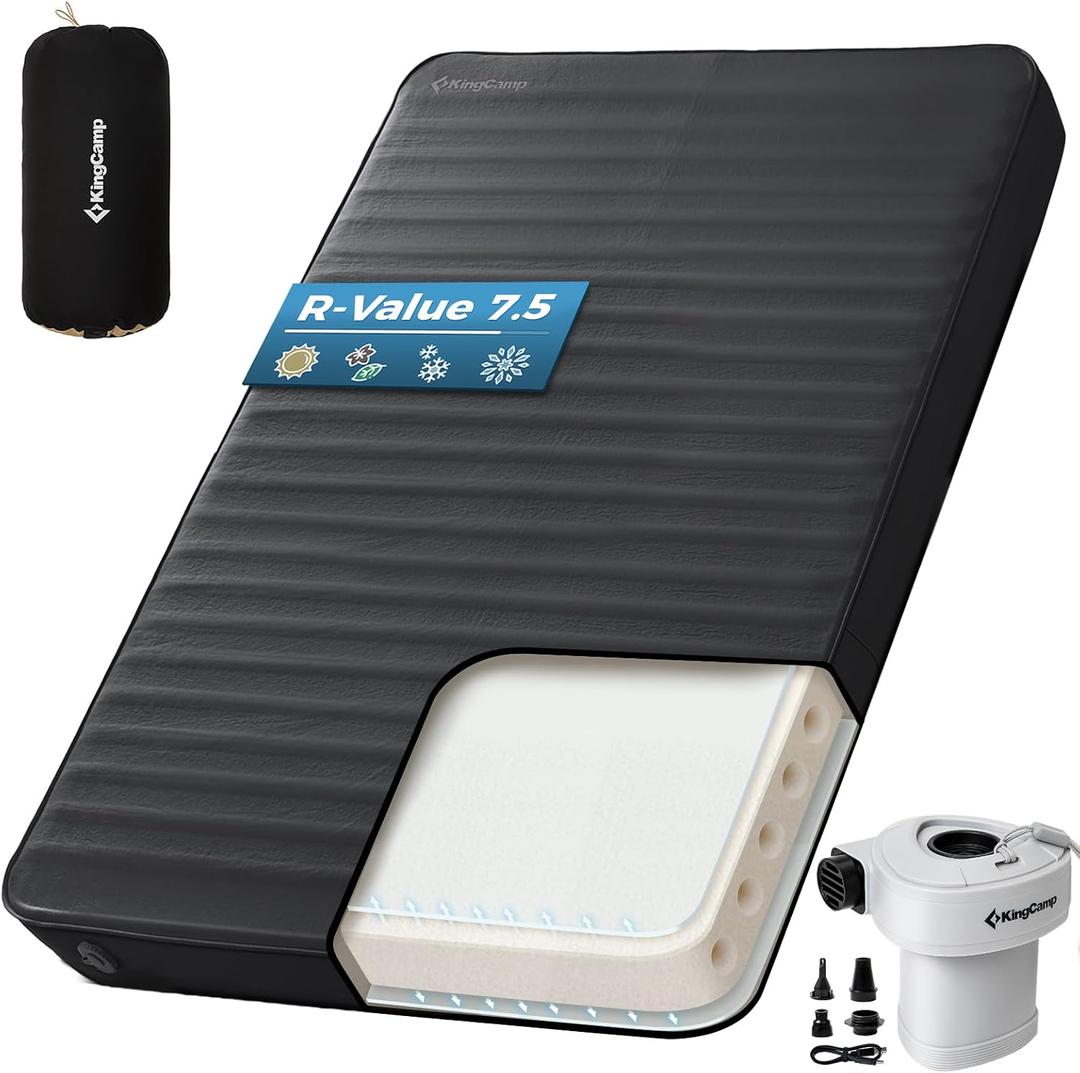 KingCamp PREMIUM Double Camping Mattress, 7.5 R-Value Insulated, Black | Self-Inflating Sleeping Pad 2 Person, Full Size, 3" Thick Air & Foam Core, Air Pump Included, PVC Free, Car Camping SUV Tent, Black, Double With Pump