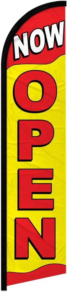 Infinity Republic - Now Open Red & Yellow Windless Full Sleeve Banner Swooper Flag - Perfect for Businesses, Restaurants, Cafes, New Stores, etc!