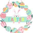 Easter Wreaths for Front Door, Colorful Eggs Happy Bunny Easter Welcome Sign Decorations for The Home Easter Spring Holiday Wooden Hanging Decor for Front Porch Window Wall Farmhouse Indoor Outdoor