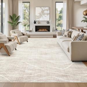 WITSHOCK 10x14 Area Rugs for Living Room, Machine Washable Rug Large Lightweight Rugs, Neutral Modern Carpet for Bedroom Dining Room Nursery Home Office, Low Pile Stain Resistant Non Slip Rug, Beige