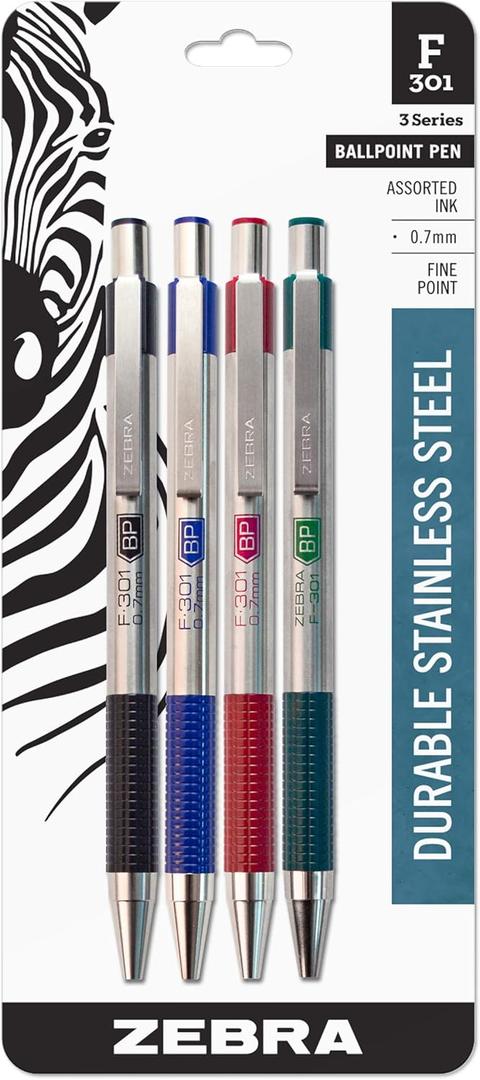 Zebra Pen F-301 Ballpoint Black, Blue, Red and Green Ink, Fine Point 0.7mm Pen, Easy-Glide Ink, Stainless Steel Retractable, Non-Slip Grip, Professional Design, Ideal for Office, 4-Pack (27174)