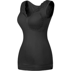 Tummy Control Shapewear Tank Tops with Built in Bras for Women Lace V Neck Compression Camisole Tops Shaper Cami (Large, Black)