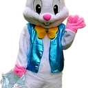 To.beone Easter Bunny Mascot Costume with Blue Vest and Yellow Bow Tie, Adult Size Rabbit Character Suit for Events and Parties