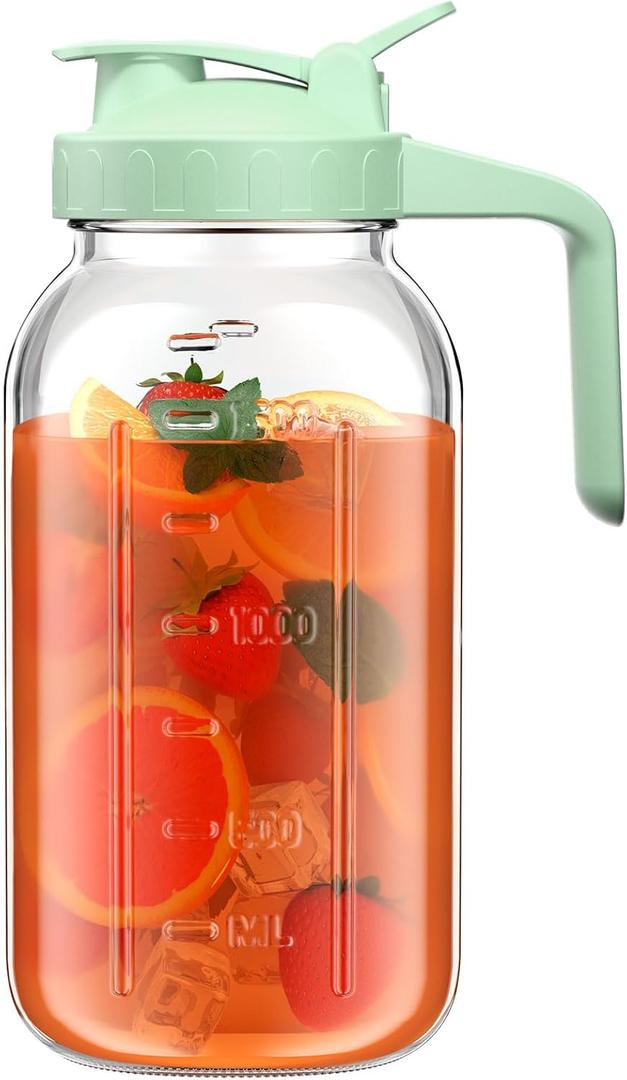 64 oz Glass Pitcher with Lid, Large Wide Mouth Mason Jar with Pour Spout, Green Sun Tea Glass Jar for Outside, Drink Pitcher Great for Drink, Cold Beverages and Breast Milk