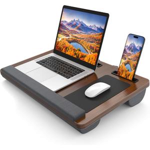 Laptop Lap Desk, Portable Large Laptop Desk for Bed, Up to 17 in Lap Table with Wrist Rest, Mouse Pad, Tablet Phone Slot, Portable Handle, Lap Tray with Cushion (Dark Brown)