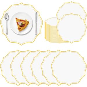 120 Pcs White Round Paper Placemats 13.5 Inch Disposable Paper Placemats with Wavy Gold Edged Elegant Scalloped Decorative Table Mat for Wedding Party Baby Shower Banquet Holiday Dining Table Decor