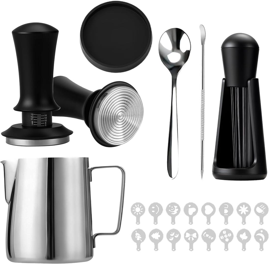 51mm Espresso Tamper Kit - 22 Pcs Barista Tools Set with Espresso Press Tool, Coffee Tamper, Milk Jug, Mat, Stencil & More for Professional Coffee Making