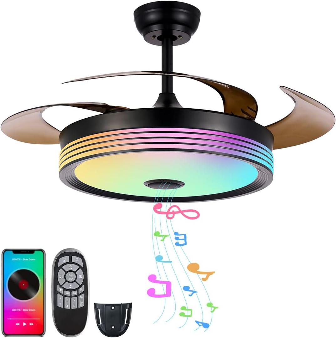 48 inch Modern Retractable Ceiling Fan with Lights and Remote Control, RGB 6Speed Dimmable Fandelier, Smart Ceiling Fan Light with Bluetooth Speaker, Reversible Bedroom